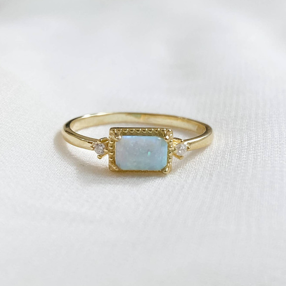 S925 Gold Opal Dainty Rectangle Ring - Picture 1 of 6